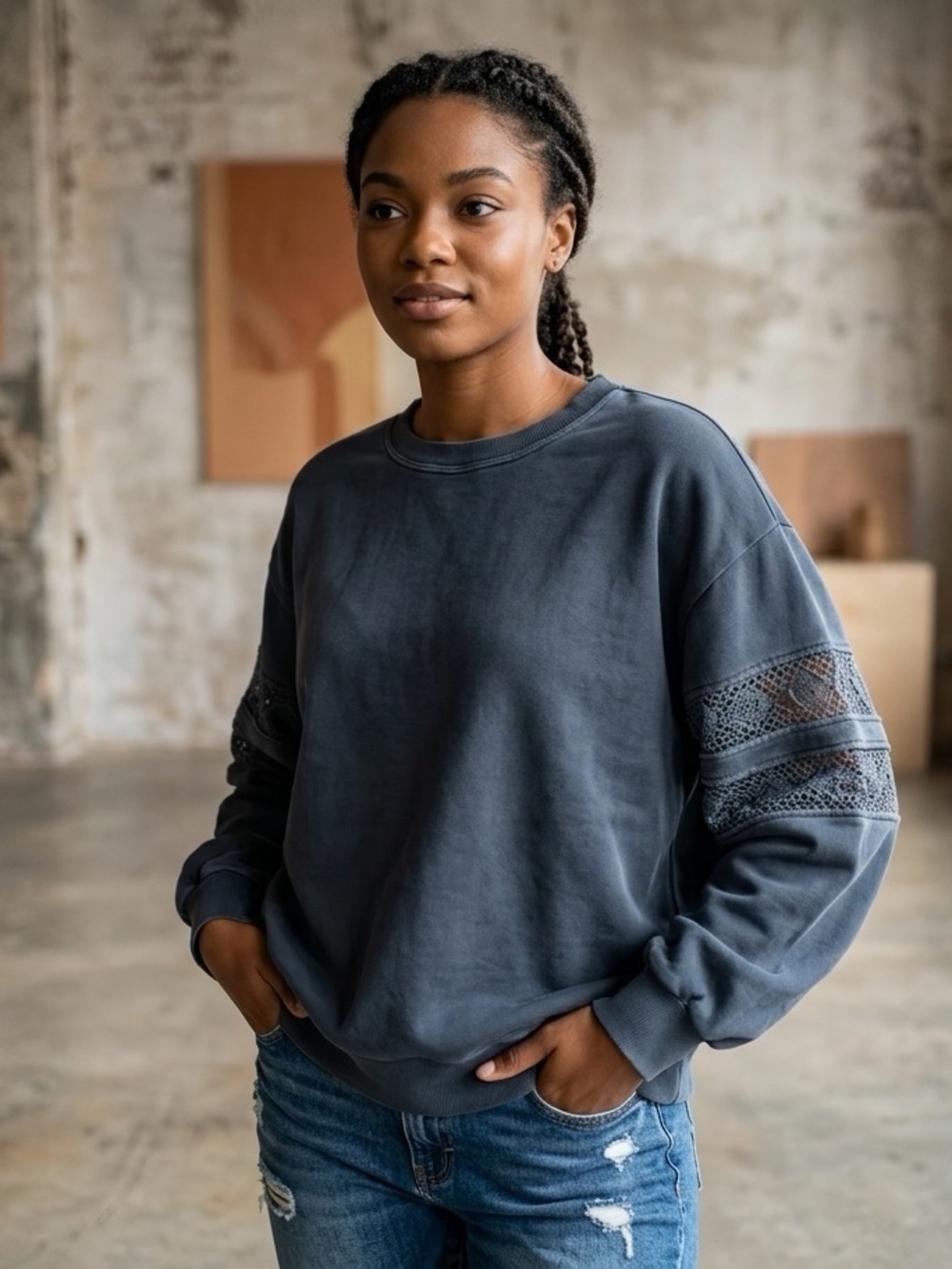 C&C California Lace Trimed Sleeve Sweatshirt in Blue XL NWT